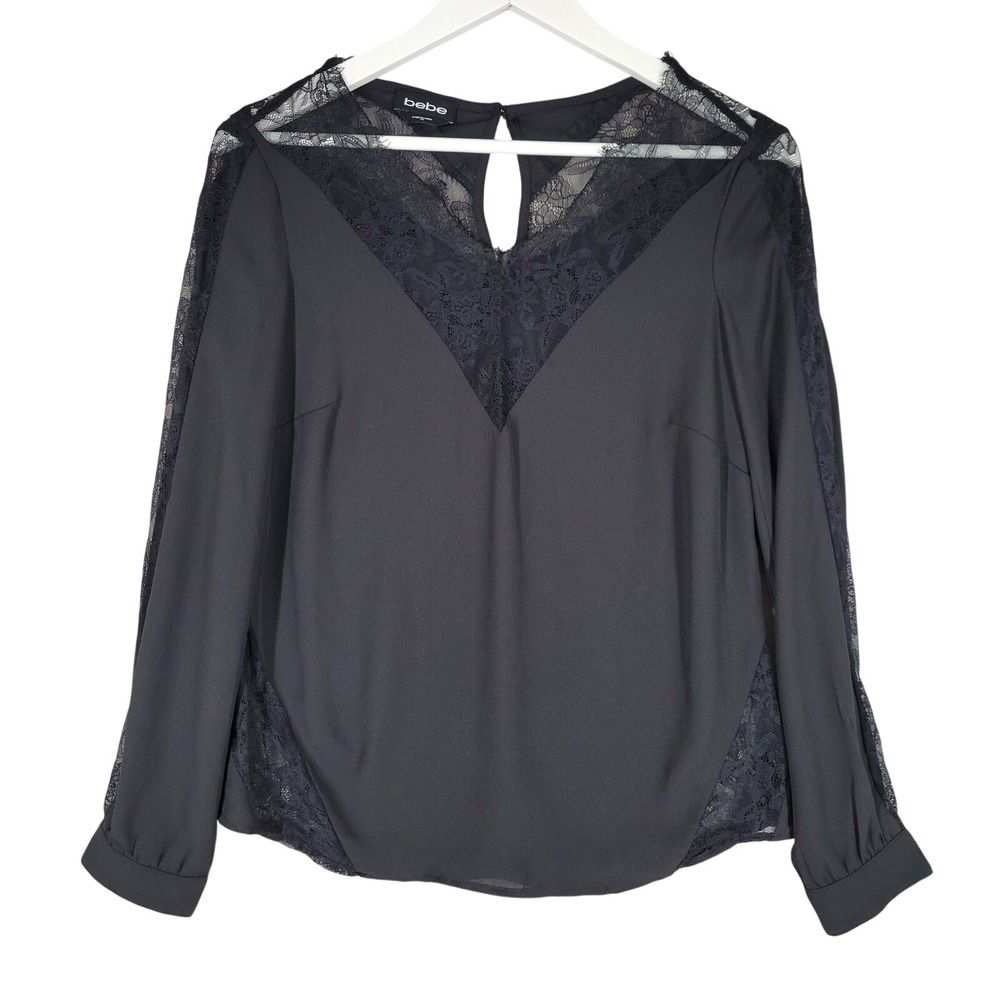 Bebe Lace Panel Blouse Women XS‎ Black Long Sleeve V-Neck Top Whimsigoth Fairy